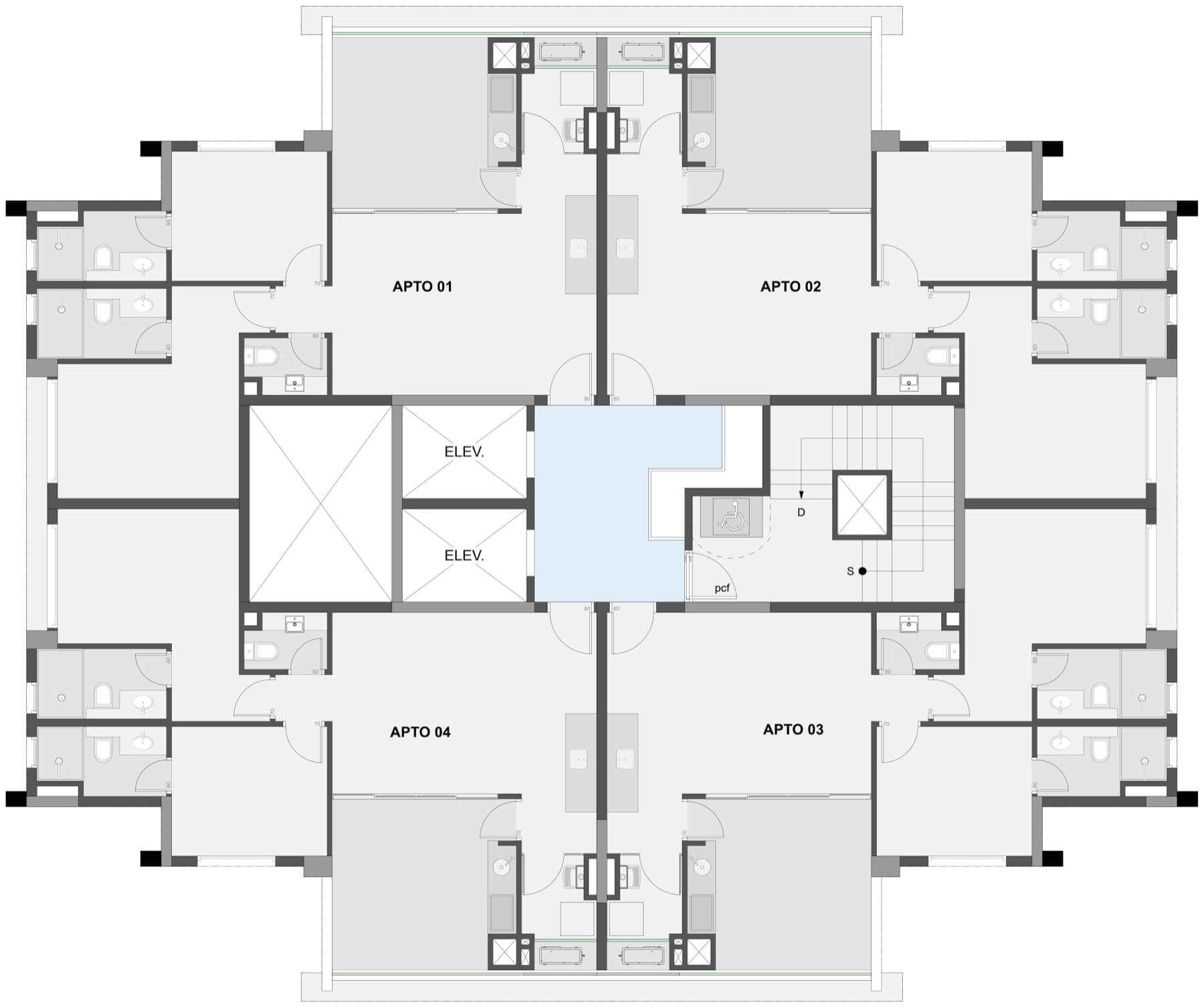 Planta do pavimento tipo do Triu 1722, com quatro apartamentos por andar (imagem ilustrativa)